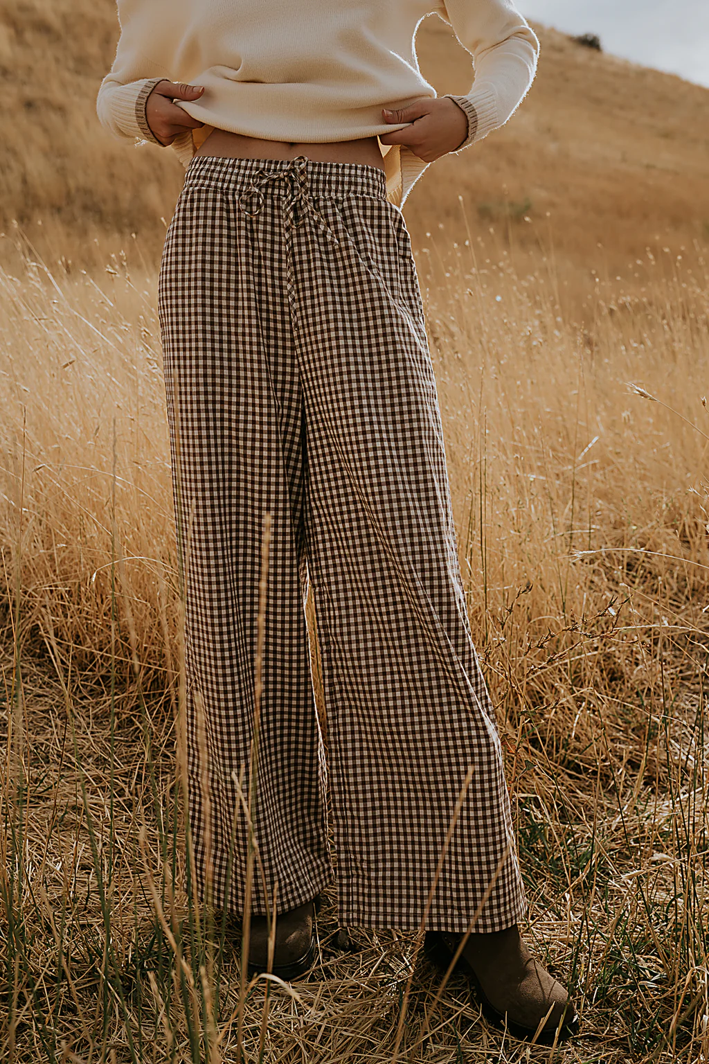 Ada Gingham Wide Leg Pants in Brown